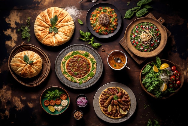 Illustration of various typical healthy and tasty Asian food dishes studio lighting viewed from above Ai generated