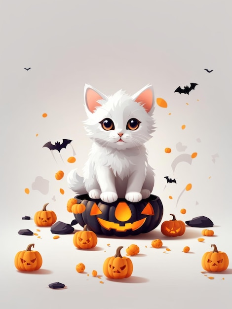 illustration vector Halloween cute Minimalist artwhite backgroundcute tiny cat character