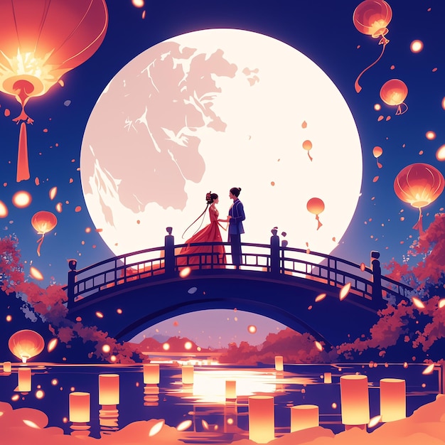 Illustration in vector style for Qixi with a couple on a bridge