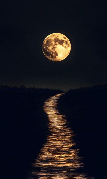 Photo illustration of a very large golden moon in the center of the horizon