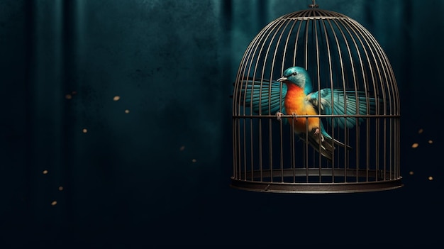 Illustration of a vibrant bird in a cage against a contrasting dark backdrop