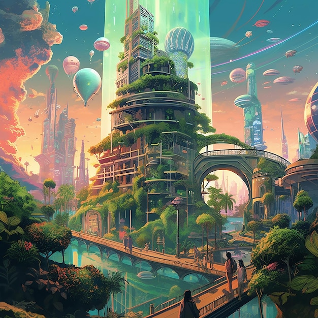 Illustration a vibrant future city Concept