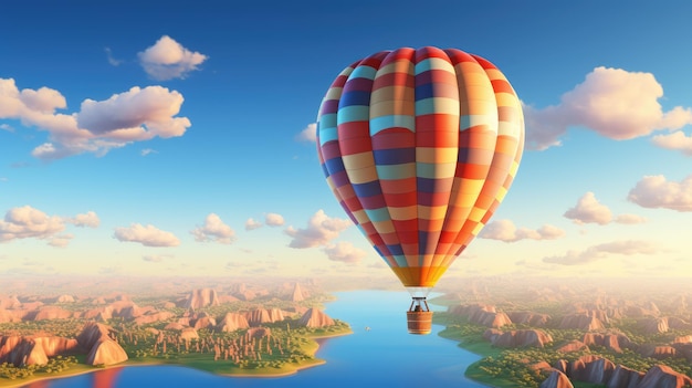 An illustration of a vibrant hot air balloon shaped like the Earth