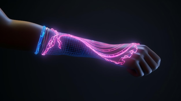 Illustration of a vibrant light painting of a hand in pink and blue hues