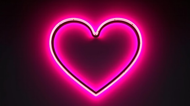 Illustration of a vibrant pink neon heart glowing against a dark black background