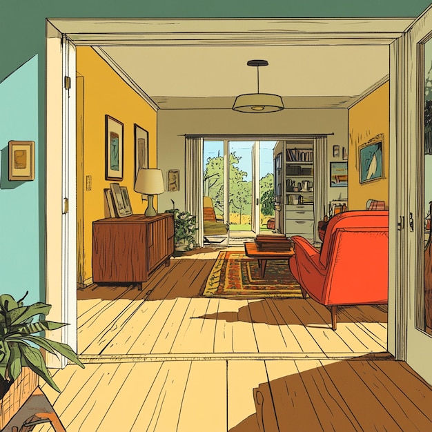 Illustration of a view of the living room from inside the house