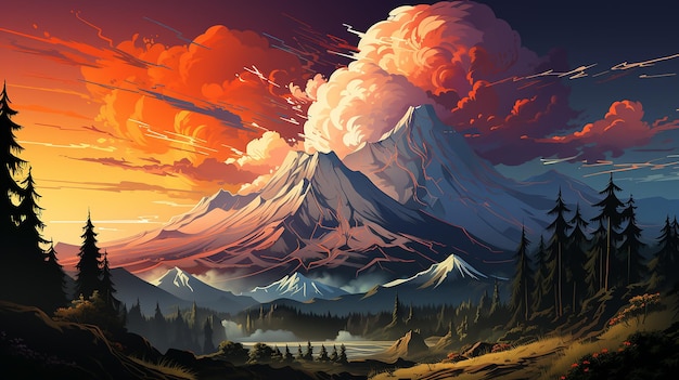 illustration of Volcanic eruption in flat vector cartoon style Landscape with volcano