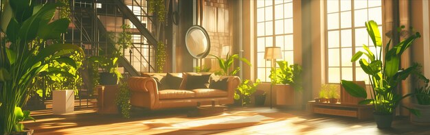 Illustration of a warm golden sunlight streaming through a lush urban loft filled with green plants