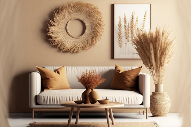 Illustration of a warm toned living room interior wall mockup with a beige linen sofa