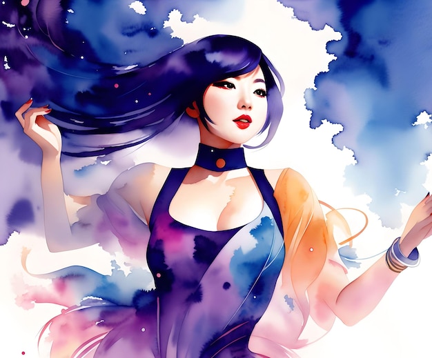 Illustration watercolor asian woman dancing generative art by AI