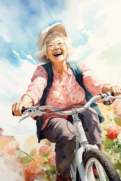 Illustration watercolor of cheerful grandmother rides a bicycle