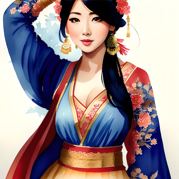 Illustration watercolor drawing portrait asian woman generative art by AI