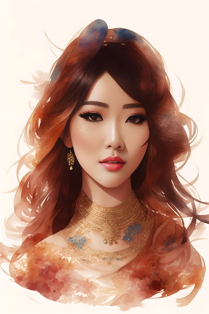 Illustration watercolor drawing portrait asian woman generative art by AI