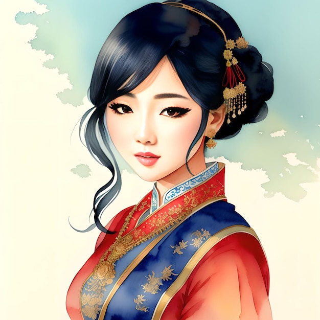 Illustration watercolor drawing portrait asian woman generative art by AI