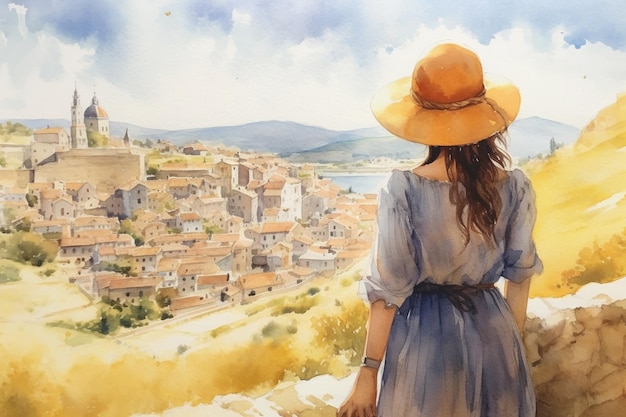 Illustration in a watercolor style Beautiful girl in dress and hat looking down at beautiful town from viewing platform Viewed from behind Travel and relax Generative AI