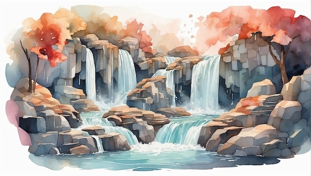 illustration watercolor waterfall showcasing a calming palette