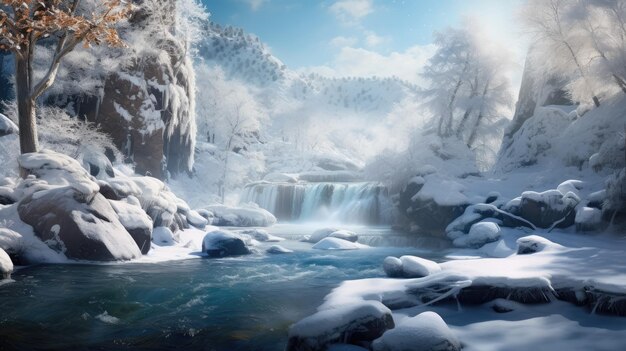 a illustration of a waterfall in a snowy landscape