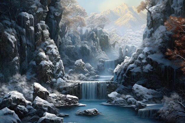 a illustration of a waterfall surrounded by snow