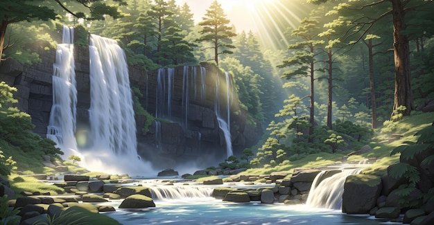 Photo illustration of a waterfall with pine trees and a clear sky