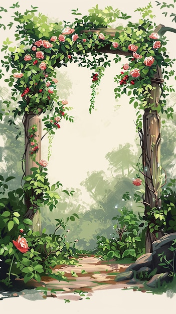 Illustration of a wedding arch adorned with roses