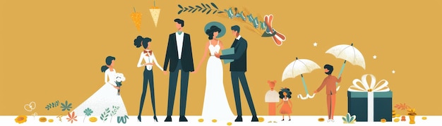 Photo illustration of a wedding scene with the bride groom and guests celebrating with decorations gifts a