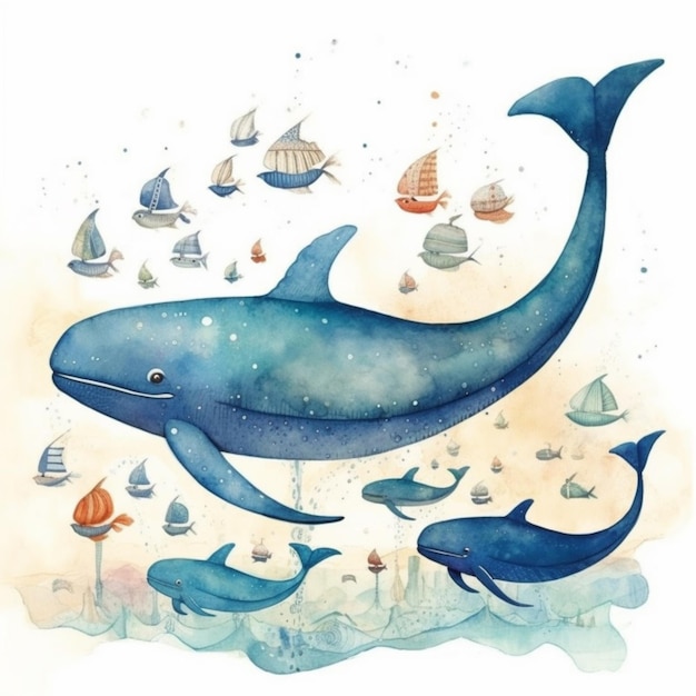 Illustration of a whale and two dolphins swimming in the ocean generative ai