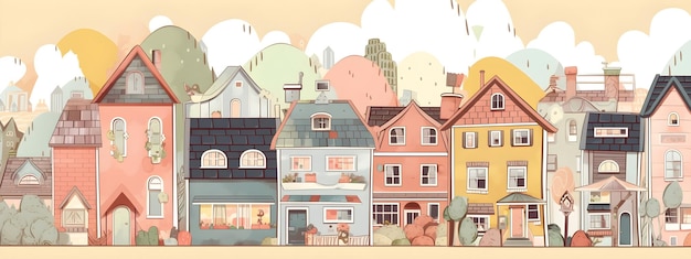 Illustration of whimsical colorful houses in a row with soft pastel tones banner