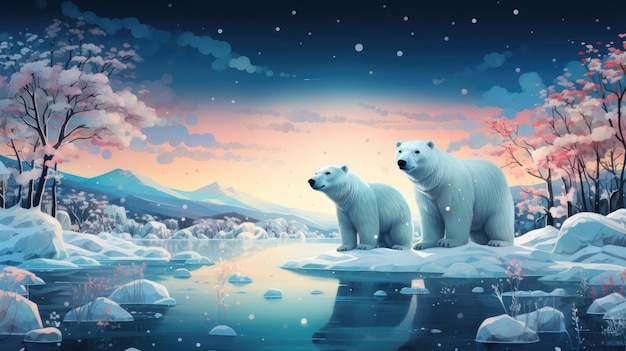 An illustration whimsical and imaginative illustration depicting a family of polar bears in an enchanting snowy landscape