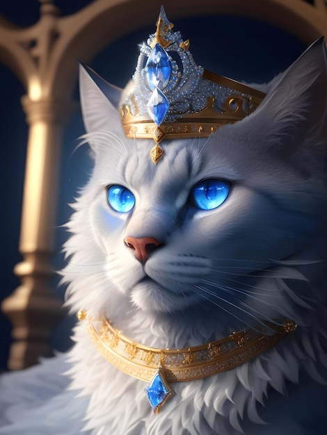 illustration of white cat wears king luxury royal mantle and a crown