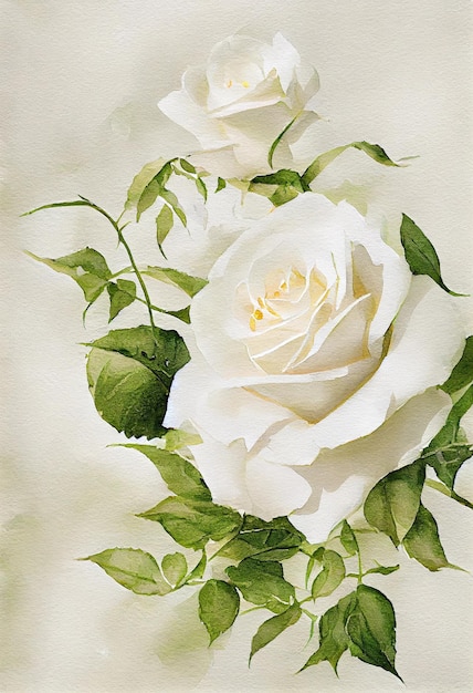 Illustration of White Rose in Watercolor Painting Style