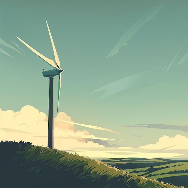 Photo illustration of a wind turbine generating electricity on a hill cloudy sky background