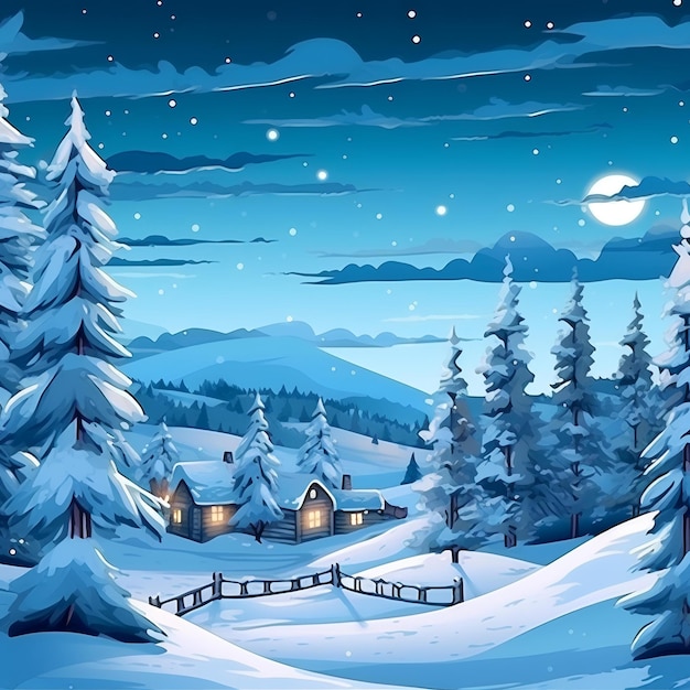 Illustration of a Winter Christmas Scene Landscape Festive Snowy Splendor