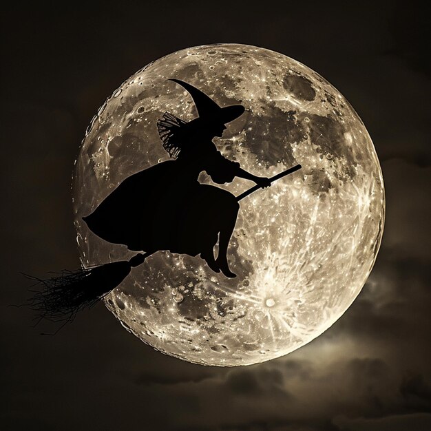 Photo illustration of a witch flying on broomstick with full moon in the backdrop