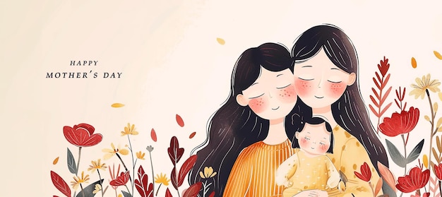 Illustration with adorable mother and daughter Sweet family panorama