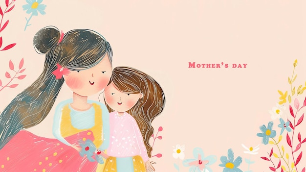 Illustration with adorable mother daughter Sweet panorama