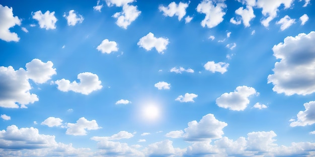 Illustration with a beautiful blue sky with a cumulus clouds and a bright sun Background with cloudy sky Sunny spring or summer day Generative AI