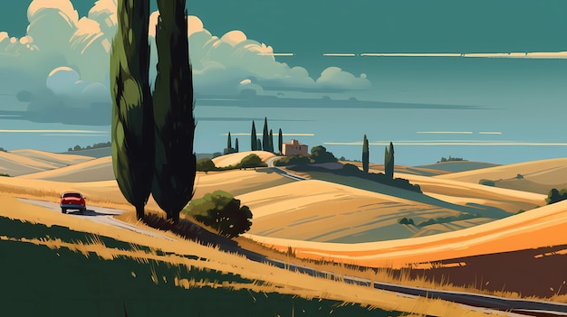 Illustration with a beautiful view of the hills of Tuscany Italy