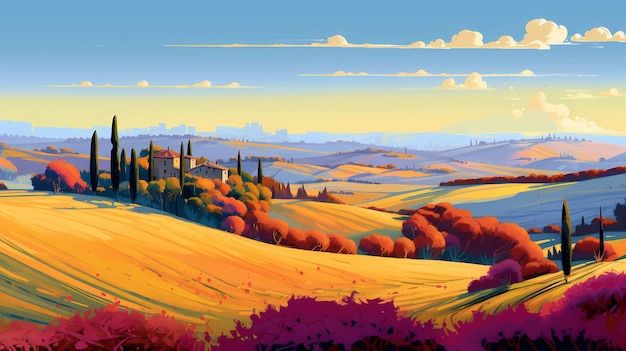 Illustration with a beautiful view of the hills of Tuscany Italy