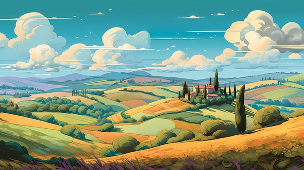 Illustration with a beautiful view of the hills of Tuscany Italy