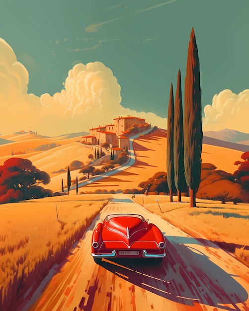 Illustration with a beautiful view of the hills of Tuscany Italy