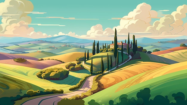 Illustration with a beautiful view of the hills of Tuscany Italy