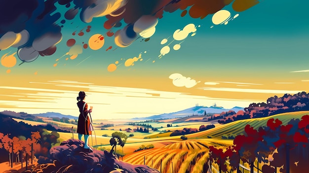 Illustration with a beautiful view of the hills of Tuscany Italy