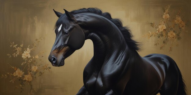 illustration with horse and golden brush strokes oil painted