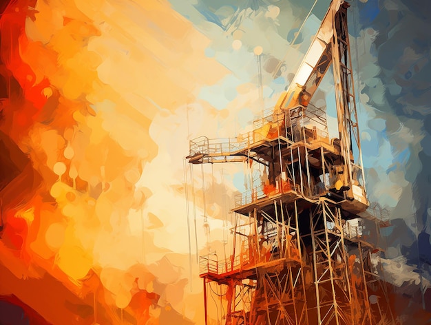 An illustration with a painted oil platform in sunset colors