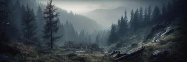 Illustration with a panorama of a cloudy forest in fog