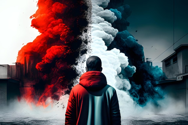 Illustration with person and background with destroyed city with red and white clouds