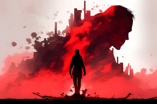 Illustration with person and background with destroyed city with red and white clouds