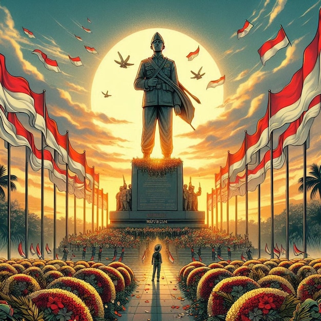 an illustration with a statue of a monument of Indonesian military uniformed heroes celebrating Her