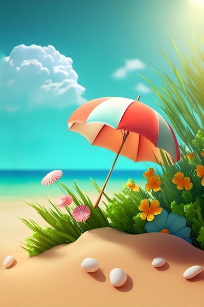 Illustration with a sun umbrella on the beach Summer background concept Generated AI