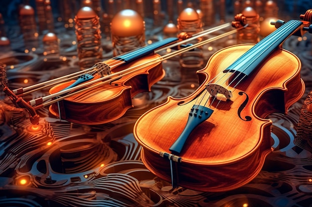 Illustration with a violin and inspiring lines of abstract design around it Ai generated